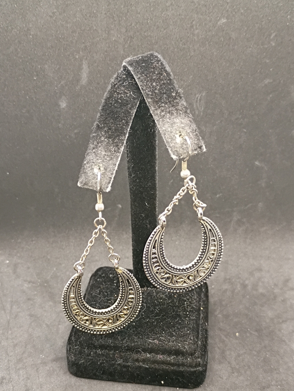Ornate Silver-Tone Crescent Dangle Earrings